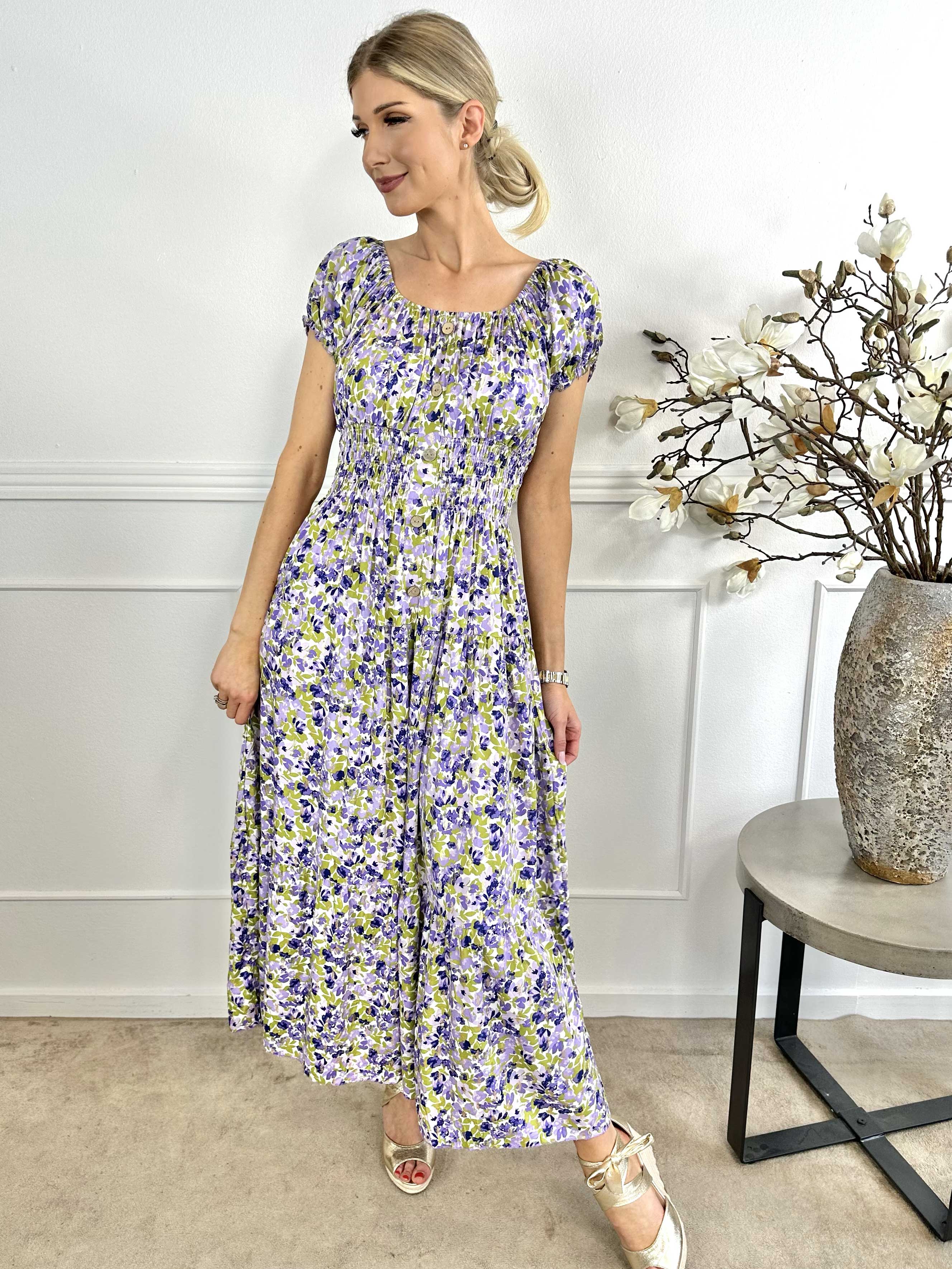 Elise Art - Lång mönstrad klänning med smock och träknappar